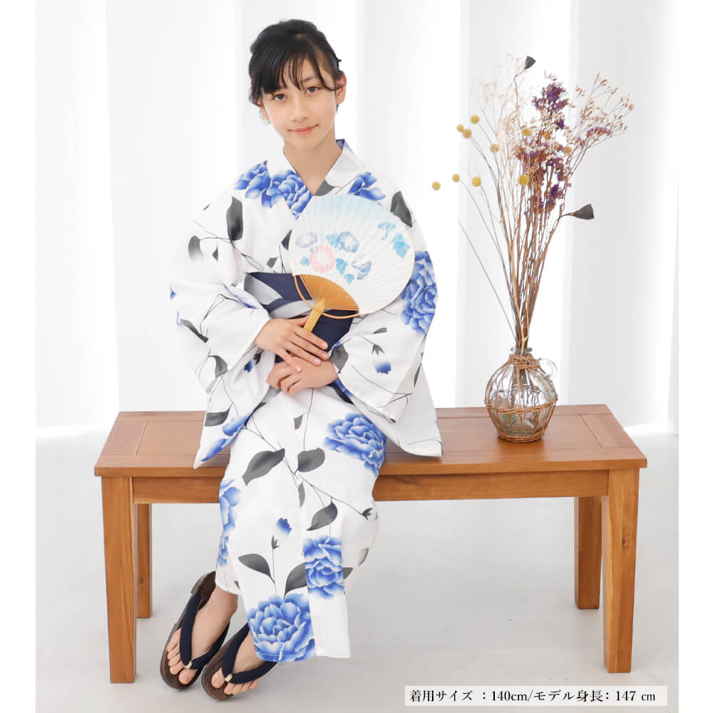 子供浴衣　単品　ジュニア　ジュニア浴衣　子供　浴衣　女の子浴衣　１４０　１５０　１６０　レトロ　お洒落　牡丹　青　花柄　ブルー