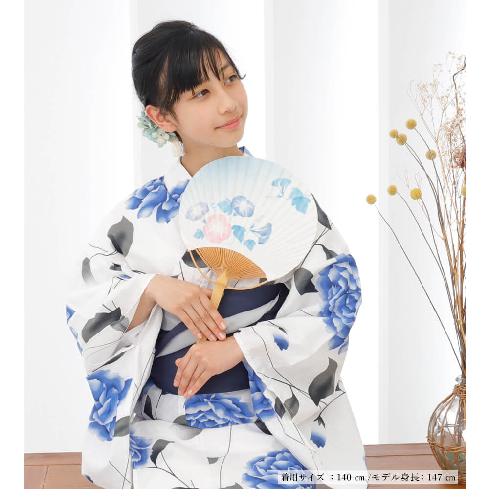 子供浴衣　単品　ジュニア　ジュニア浴衣　子供　浴衣　女の子浴衣　１４０　１５０　１６０　レトロ　お洒落　牡丹　青　花柄　ブルー