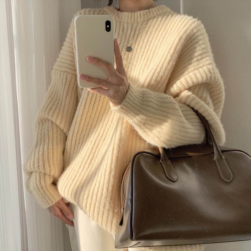 ニット トップス セーター プルオーバー クルーネック ドロップショルダー 長袖 萌袖 個性的 アプリコット グレー レディース くすみ 秋 冬 ミドル ロング ルーズ ママ マタニティ フェミニン