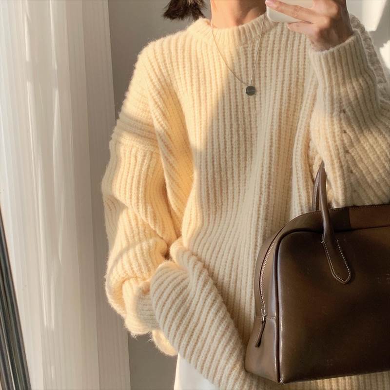 ニット トップス セーター プルオーバー クルーネック ドロップショルダー 長袖 萌袖 個性的 アプリコット グレー レディース くすみ 秋 冬 ミドル ロング ルーズ ママ マタニティ フェミニン