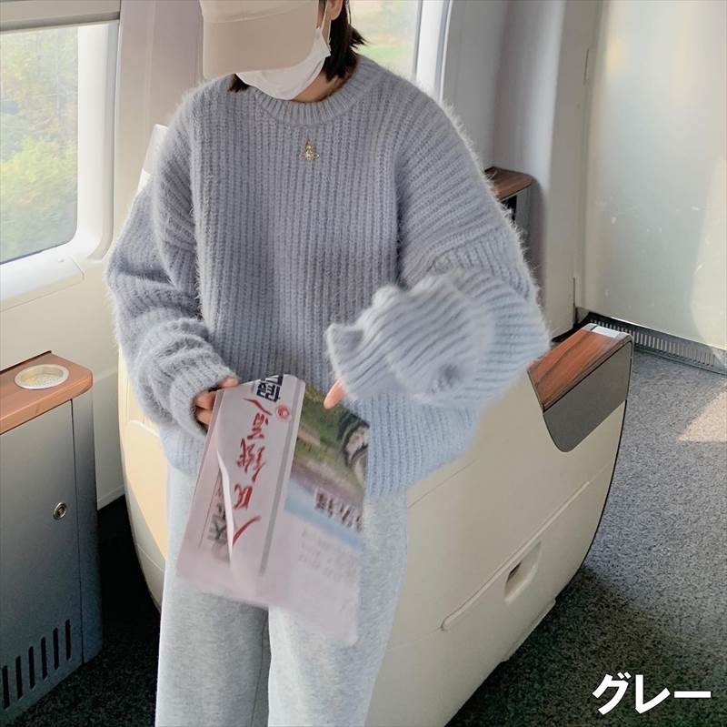ニット トップス セーター プルオーバー クルーネック ドロップショルダー 長袖 萌袖 個性的 アプリコット グレー レディース くすみ 秋 冬 ミドル ロング ルーズ ママ マタニティ フェミニン