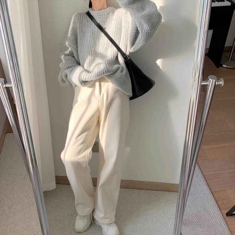 ニット トップス セーター プルオーバー クルーネック ドロップショルダー 長袖 萌袖 個性的 アプリコット グレー レディース くすみ 秋 冬 ミドル ロング ルーズ ママ マタニティ フェミニン