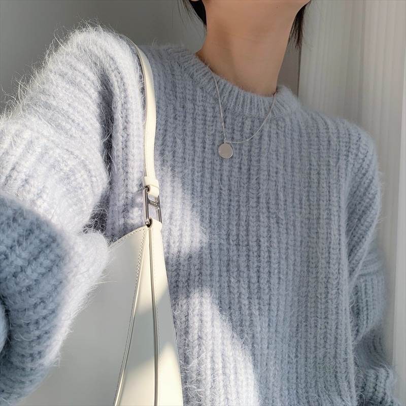 ニット トップス セーター プルオーバー クルーネック ドロップショルダー 長袖 萌袖 個性的 アプリコット グレー レディース くすみ 秋 冬 ミドル ロング ルーズ ママ マタニティ フェミニン