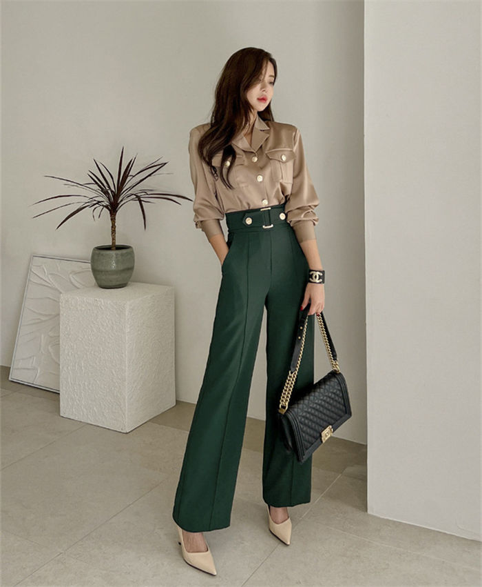 セットアップ パンツスーツ レディース シャツ スーツ ワイドパンツ ブラウス 2点セット 長袖 セットアップ パンツスーツ レディース シャツ スーツ ワイドパンツ ブラウス 2点セット 長袖