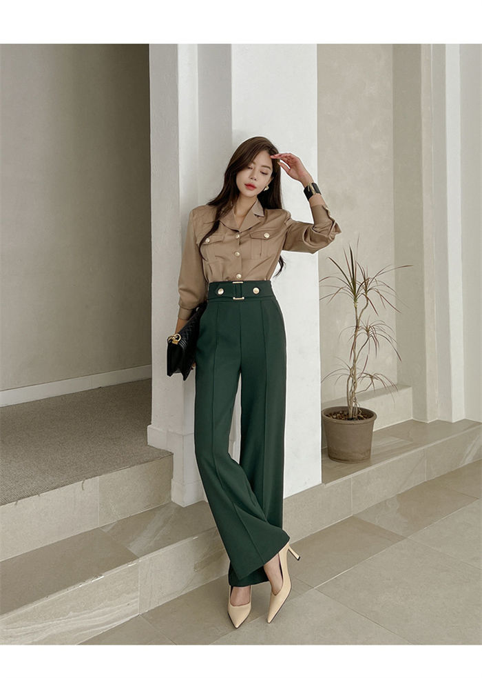 セットアップ パンツスーツ レディース シャツ スーツ ワイドパンツ ブラウス 2点セット 長袖 セットアップ パンツスーツ レディース シャツ スーツ ワイドパンツ ブラウス 2点セット 長袖