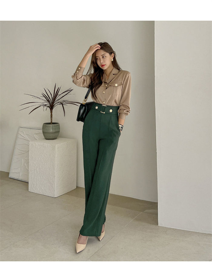 セットアップ パンツスーツ レディース シャツ スーツ ワイドパンツ ブラウス 2点セット 長袖 セットアップ パンツスーツ レディース シャツ スーツ ワイドパンツ ブラウス 2点セット 長袖