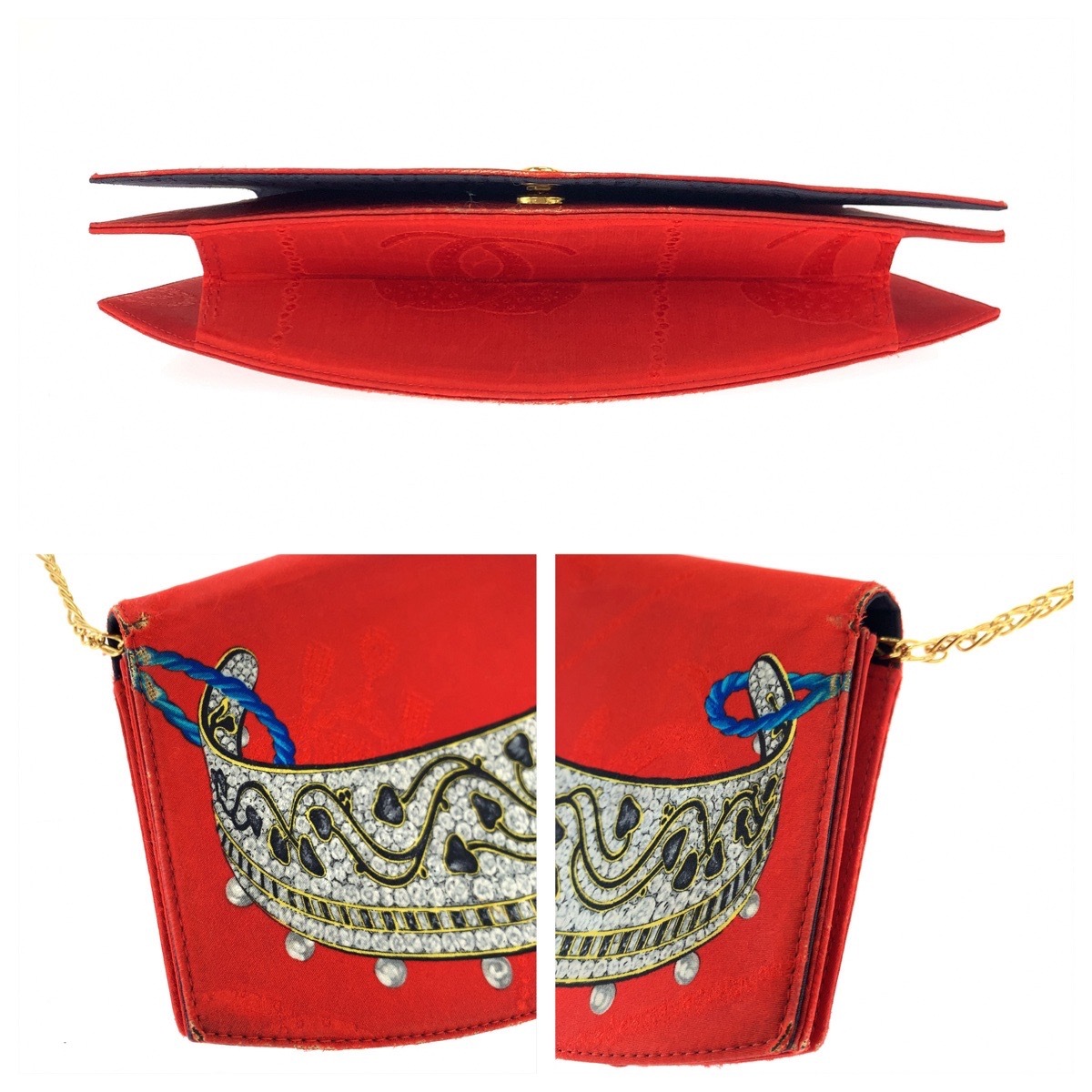 ヴィンテージ ジュエリー柄 ビジュー柄 レッド マルチカラー ゴールド金具 シルク チェーンショルダーバッグ 斜め掛け レディース 405543