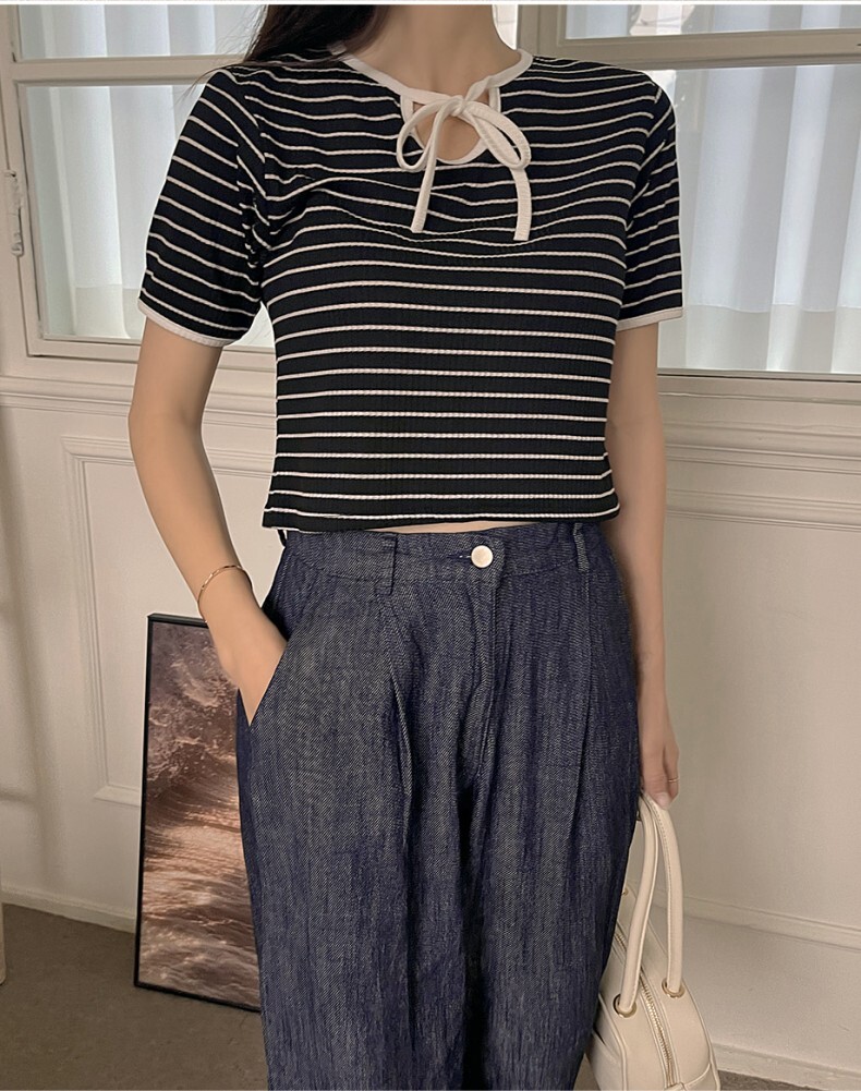 トップス Tシャツ カットソー クロップド 半袖 リボン リブ