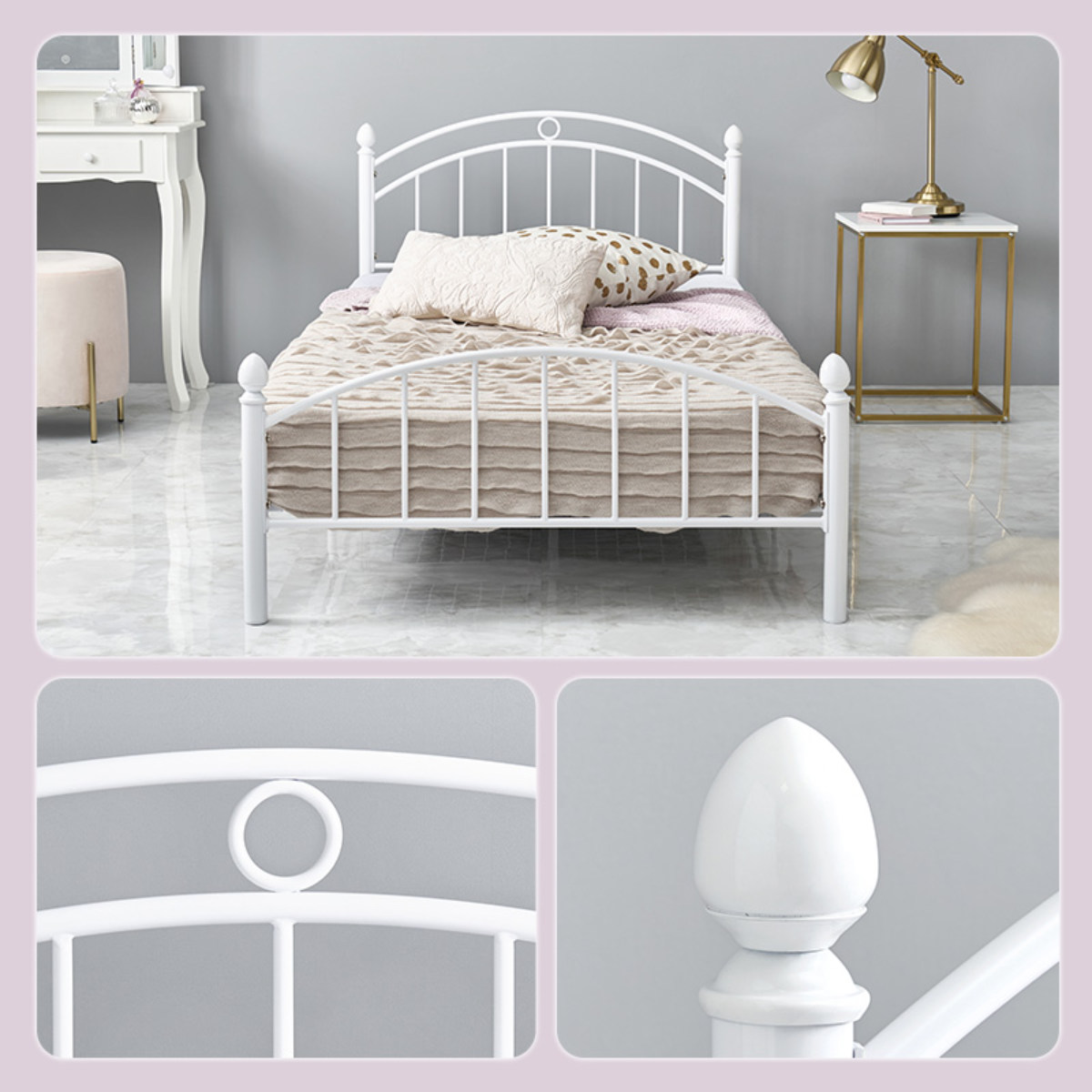 ベッド シングル 姫系 ボンネルマットレス付 スチール メッシュ