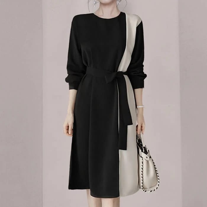 ワンピースレディース作春秋Aラインツートーンハイウエストきれいめ入学式入園式卒業式卒園式ママ母服長袖人気膝丈