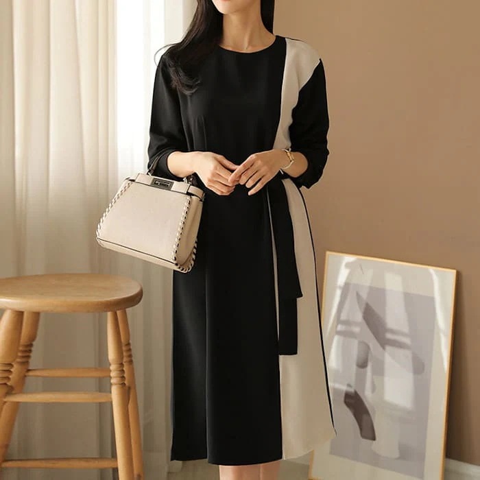 ワンピースレディース作春秋Aラインツートーンハイウエストきれいめ入学式入園式卒業式卒園式ママ母服長袖人気膝丈