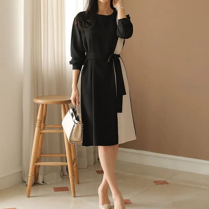 ワンピースレディース作春秋Aラインツートーンハイウエストきれいめ入学式入園式卒業式卒園式ママ母服長袖人気膝丈