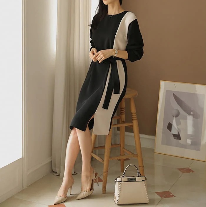 ワンピースレディース作春秋Aラインツートーンハイウエストきれいめ入学式入園式卒業式卒園式ママ母服長袖人気膝丈