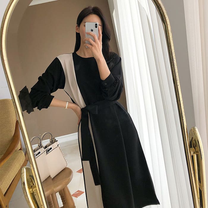 ワンピースレディース作春秋Aラインツートーンハイウエストきれいめ入学式入園式卒業式卒園式ママ母服長袖人気膝丈