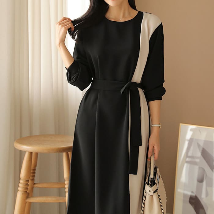 ワンピースレディース作春秋Aラインツートーンハイウエストきれいめ入学式入園式卒業式卒園式ママ母服長袖人気膝丈