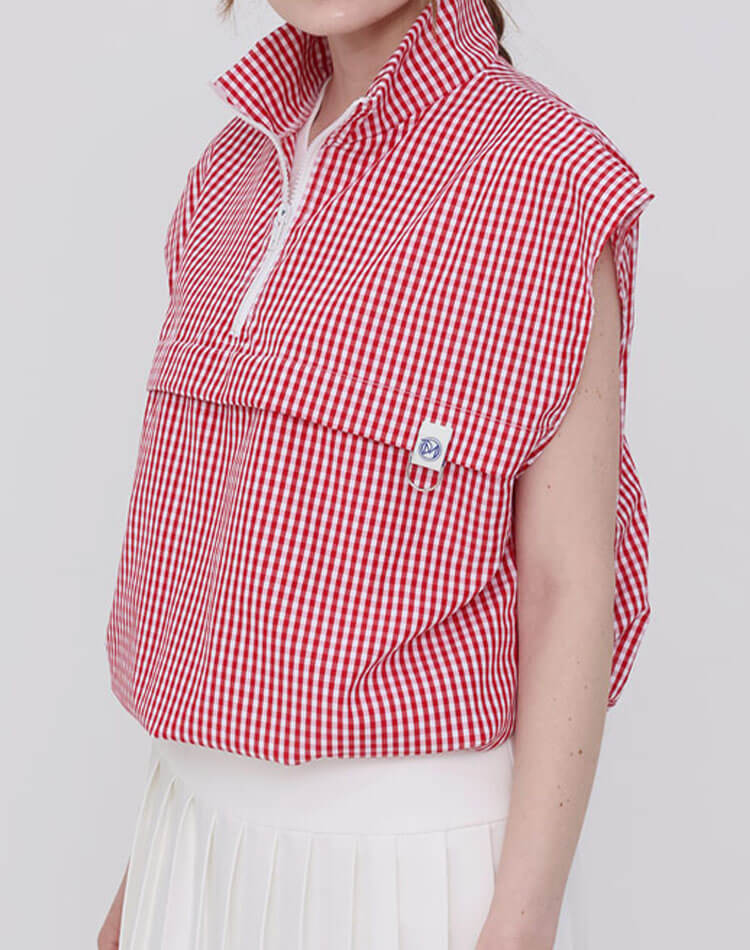 ゴルフ レディース トップス チェック柄 ハーフジップ アノラック ベスト ノースリーブ スポーツウェア ゴルフウェア テニス 体型カバー ギンガムチェック レイヤード おしゃれ 韓国 シンプル 無地