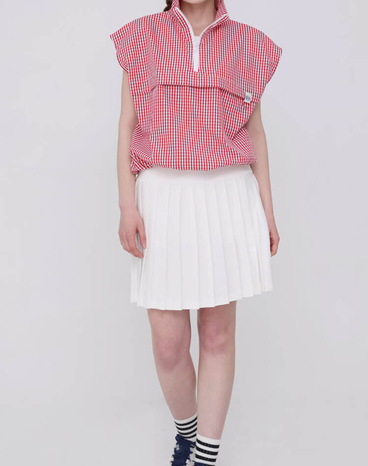 ゴルフ レディース トップス チェック柄 ハーフジップ アノラック ベスト ノースリーブ スポーツウェア ゴルフウェア テニス 体型カバー ギンガムチェック レイヤード おしゃれ 韓国 シンプル 無地