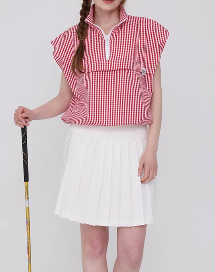 ゴルフ レディース トップス チェック柄 ハーフジップ アノラック ベスト ノースリーブ スポーツウェア ゴルフウェア テニス 体型カバー ギンガムチェック レイヤード おしゃれ 韓国 シンプル 無地