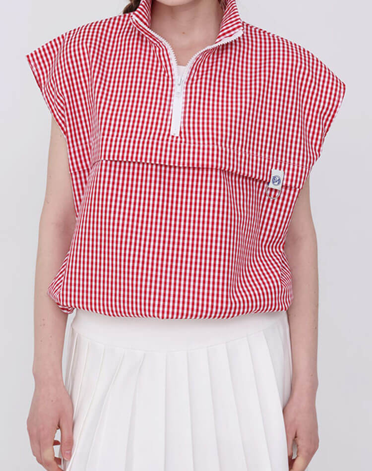 ゴルフ レディース トップス チェック柄 ハーフジップ アノラック ベスト ノースリーブ スポーツウェア ゴルフウェア テニス 体型カバー ギンガムチェック レイヤード おしゃれ 韓国 シンプル 無地