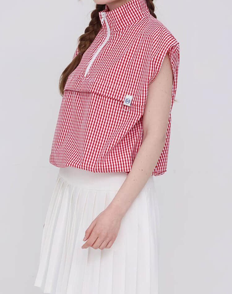 ゴルフ レディース トップス チェック柄 ハーフジップ アノラック ベスト ノースリーブ スポーツウェア ゴルフウェア テニス 体型カバー ギンガムチェック レイヤード おしゃれ 韓国 シンプル 無地