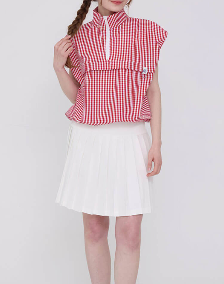 ゴルフ レディース トップス チェック柄 ハーフジップ アノラック ベスト ノースリーブ スポーツウェア ゴルフウェア テニス 体型カバー ギンガムチェック レイヤード おしゃれ 韓国 シンプル 無地