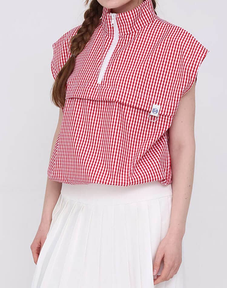 ゴルフ レディース トップス チェック柄 ハーフジップ アノラック ベスト ノースリーブ スポーツウェア ゴルフウェア テニス 体型カバー ギンガムチェック レイヤード おしゃれ 韓国 シンプル 無地