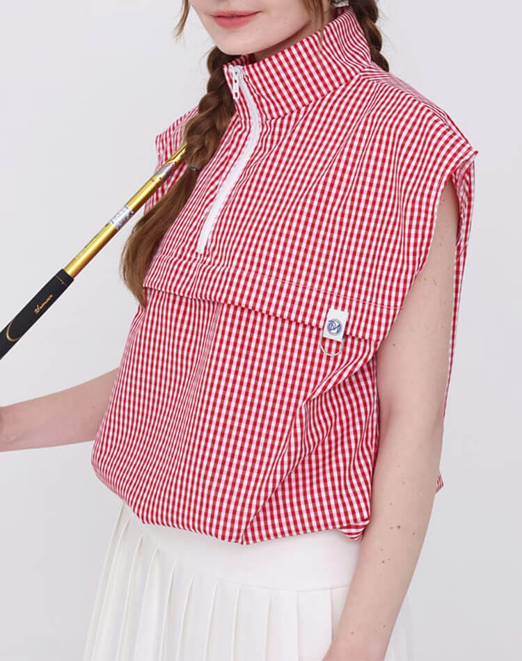 ゴルフ レディース トップス チェック柄 ハーフジップ アノラック ベスト ノースリーブ スポーツウェア ゴルフウェア テニス 体型カバー ギンガムチェック レイヤード おしゃれ 韓国 シンプル 無地