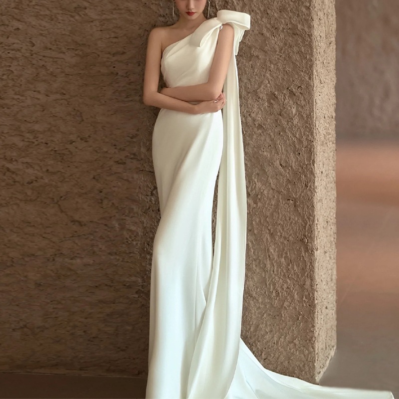 ドレス 衣装 イブニングドレス ロングドレス ワンショルダー 肩リボン フィッシュテール ロング丈 タイト ステージドレス 発表会 かわいい 大人可愛い きれいめ シンプル 上品 おしゃれ