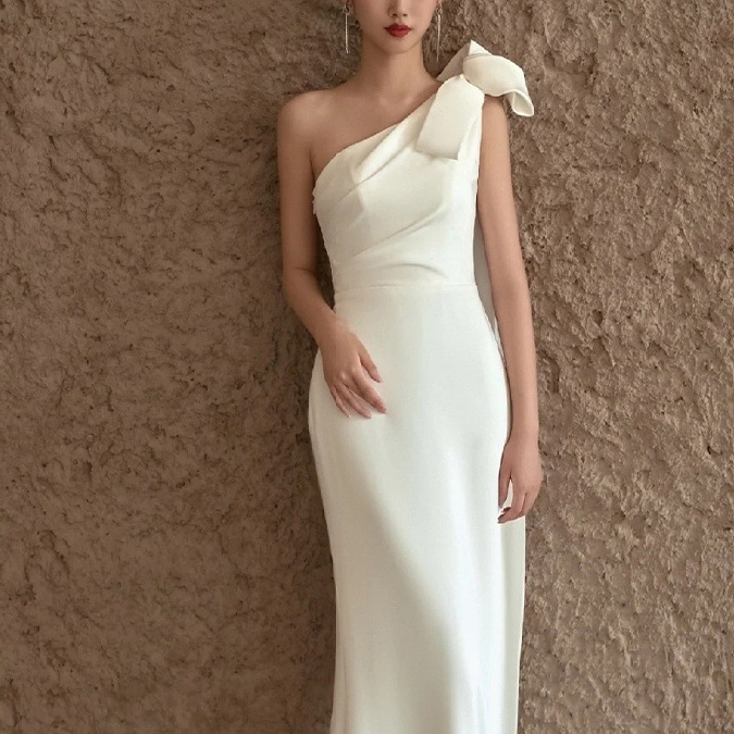 ドレス 衣装 イブニングドレス ロングドレス ワンショルダー 肩リボン フィッシュテール ロング丈 タイト ステージドレス 発表会 かわいい 大人可愛い きれいめ シンプル 上品 おしゃれ