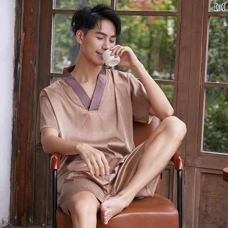 サウナ服 パジャマ ルームウェア メンズ レディース シルク 通気性 入浴 マッサージ ラウンドネック 大きいサイズ キャメル