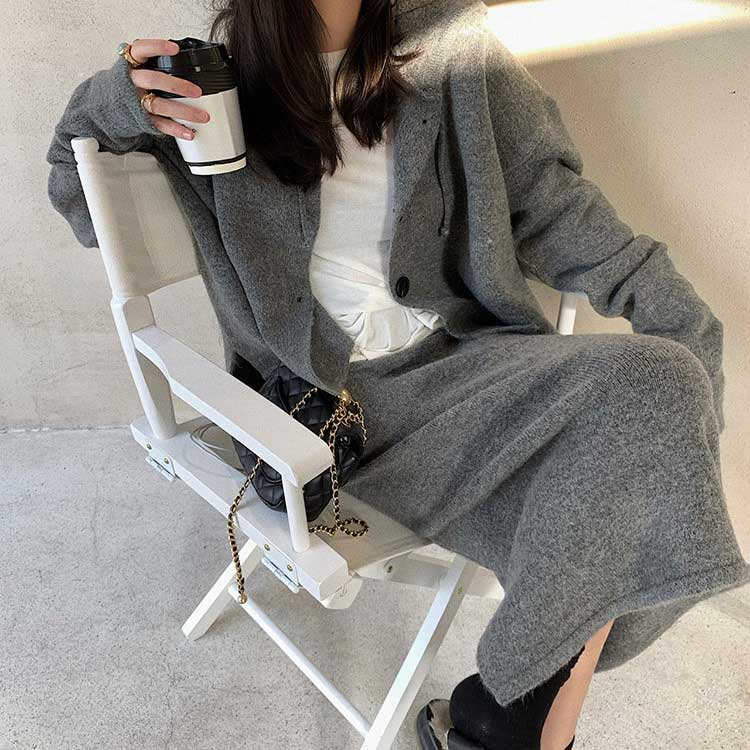 セットアップ レディース 韓国 ニット ニットアップ スカート 長袖 コーディネイト ミモレ丈 ニットスカート カーディガン フーディー 秋 冬