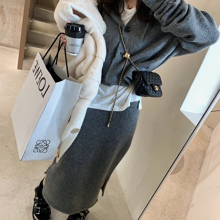 セットアップ レディース 韓国 ニット ニットアップ スカート 長袖 コーディネイト ミモレ丈 ニットスカート カーディガン フーディー 秋 冬