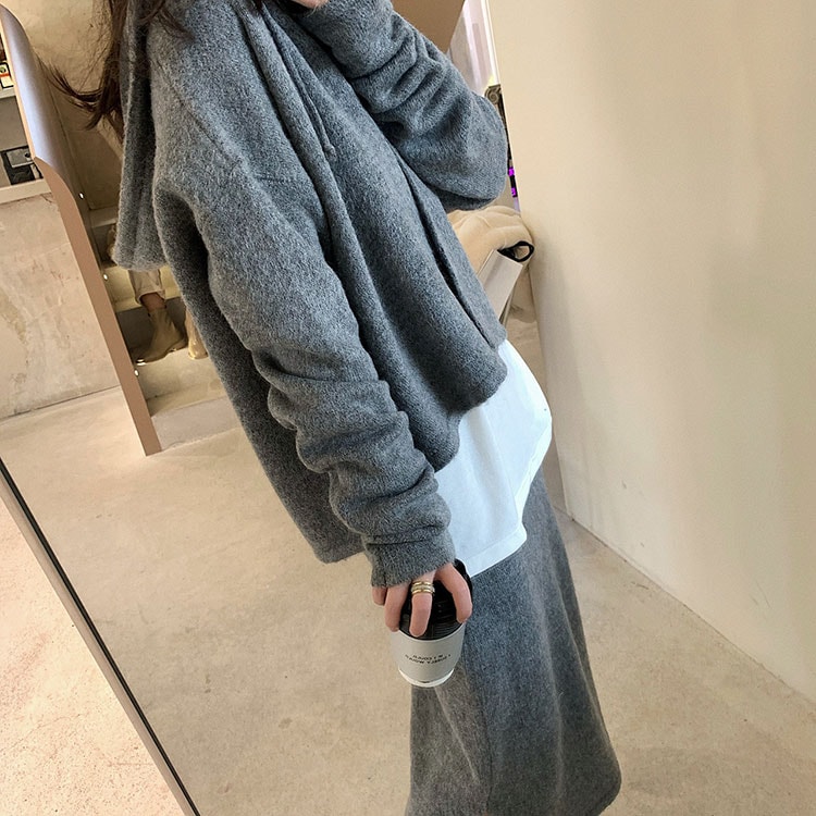 セットアップ レディース 韓国 ニット ニットアップ スカート 長袖 コーディネイト ミモレ丈 ニットスカート カーディガン フーディー 秋 冬