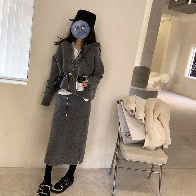 セットアップ レディース 韓国 ニット ニットアップ スカート 長袖 コーディネイト ミモレ丈 ニットスカート カーディガン フーディー 秋 冬