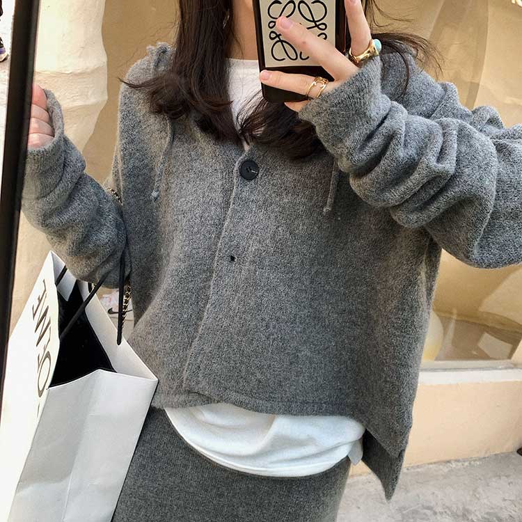 セットアップ レディース 韓国 ニット ニットアップ スカート 長袖 コーディネイト ミモレ丈 ニットスカート カーディガン フーディー 秋 冬