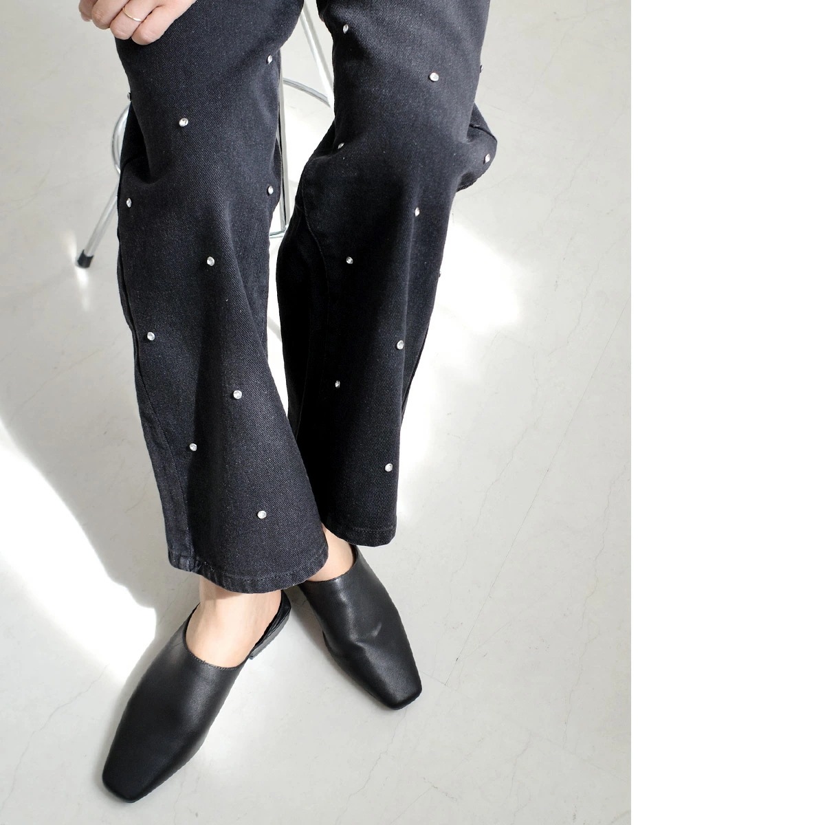 本革ミュールロングノーズ甲深スクエアトゥ レディース 本革ミュールロングノーズ甲深スクエアトゥ レディース