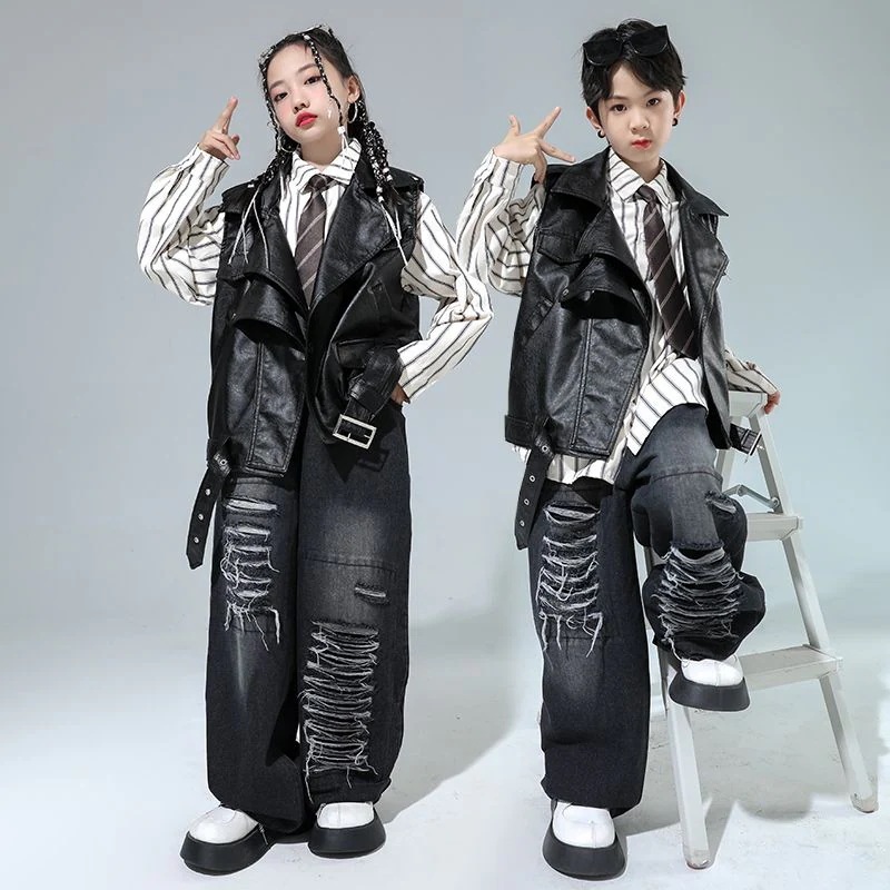 子供の街のダンスの公演服の男の子のヒップホップのファッション服の子供のhiphopの皮の服の揚げた街のスーツの女の子のショーのベスト
