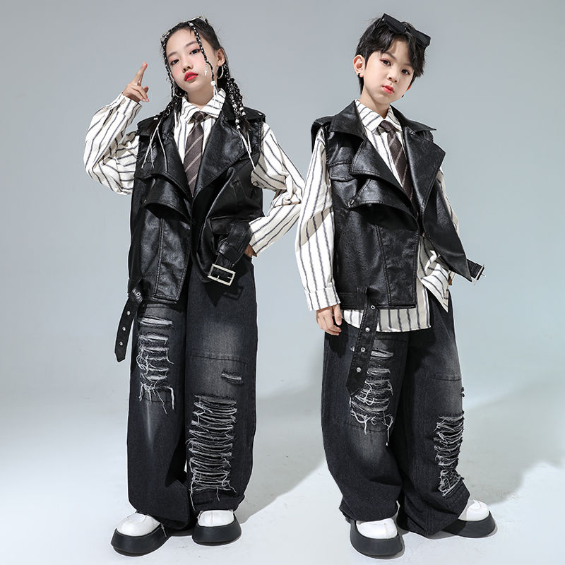 子供の街のダンスの公演服の男の子のヒップホップのファッション服の子供のhiphopの皮の服の揚げた街のスーツの女の子のショーのベスト