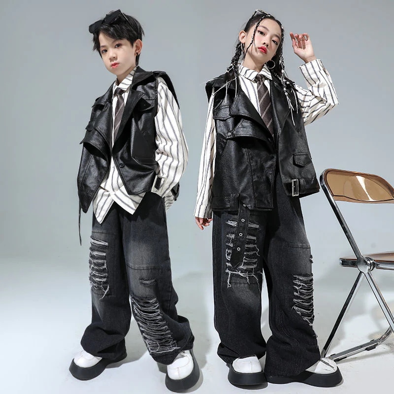 子供の街のダンスの公演服の男の子のヒップホップのファッション服の子供のhiphopの皮の服の揚げた街のスーツの女の子のショーのベスト