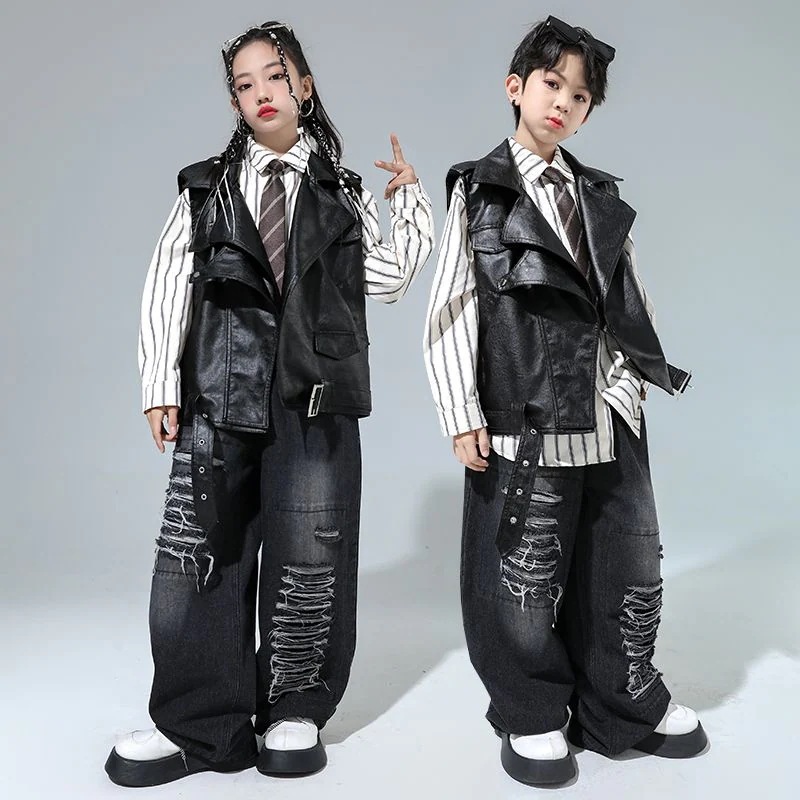 子供の街のダンスの公演服の男の子のヒップホップのファッション服の子供のhiphopの皮の服の揚げた街のスーツの女の子のショーのベスト