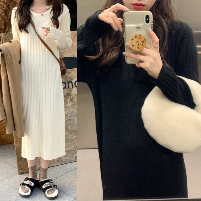 ニットワンピース ワンピース レディース ロングワンピース ロング ミモレ丈 長袖 リブニット クルーネック iライン タイト スリム 春 秋 冬 体型カバー 着痩せ 細見え 大人 カジュアル