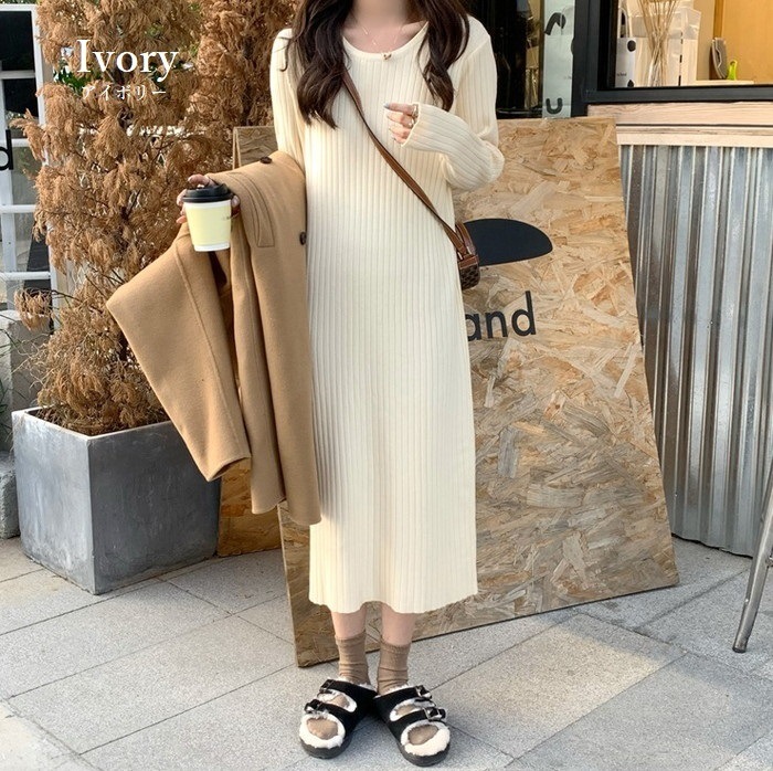 ニットワンピース ワンピース レディース ロングワンピース ロング ミモレ丈 長袖 リブニット クルーネック iライン タイト スリム 春 秋 冬 体型カバー 着痩せ 細見え 大人 カジュアル