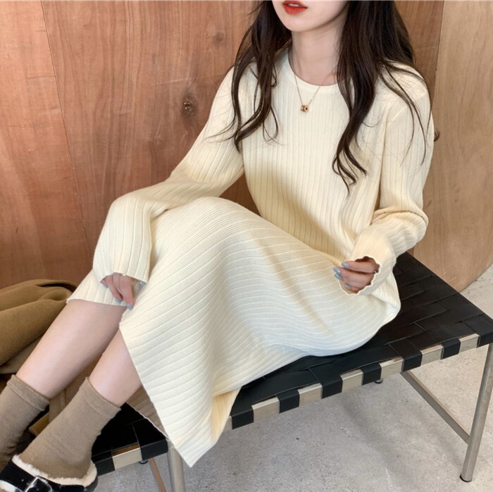 ニットワンピース ワンピース レディース ロングワンピース ロング ミモレ丈 長袖 リブニット クルーネック iライン タイト スリム 春 秋 冬 体型カバー 着痩せ 細見え 大人 カジュアル