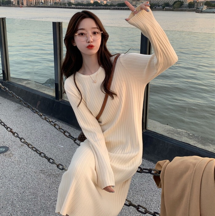 ニットワンピース ワンピース レディース ロングワンピース ロング ミモレ丈 長袖 リブニット クルーネック iライン タイト スリム 春 秋 冬 体型カバー 着痩せ 細見え 大人 カジュアル
