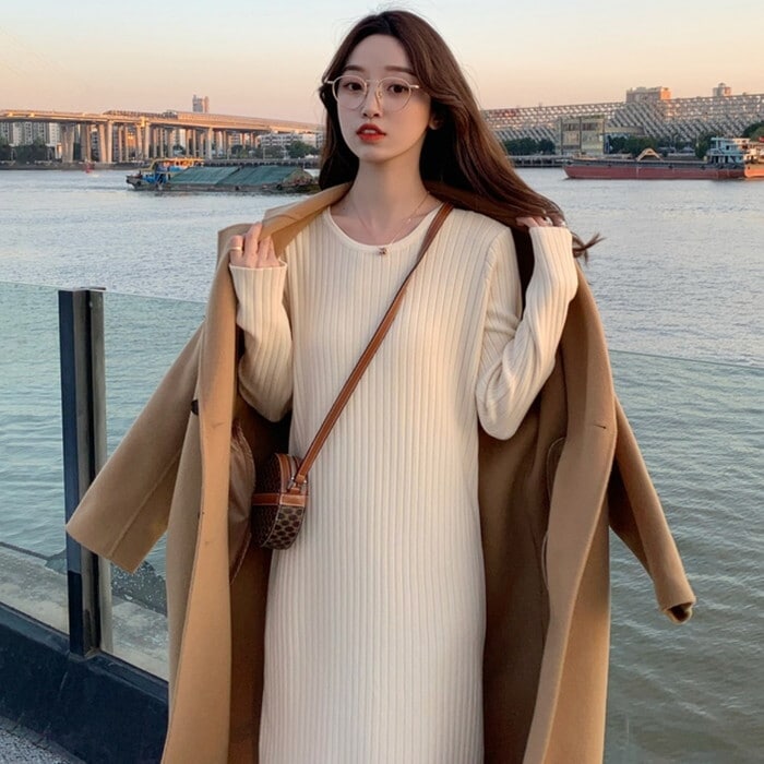 ニットワンピース ワンピース レディース ロングワンピース ロング ミモレ丈 長袖 リブニット クルーネック iライン タイト スリム 春 秋 冬 体型カバー 着痩せ 細見え 大人 カジュアル