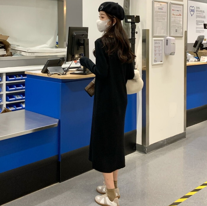ニットワンピース ワンピース レディース ロングワンピース ロング ミモレ丈 長袖 リブニット クルーネック iライン タイト スリム 春 秋 冬 体型カバー 着痩せ 細見え 大人 カジュアル