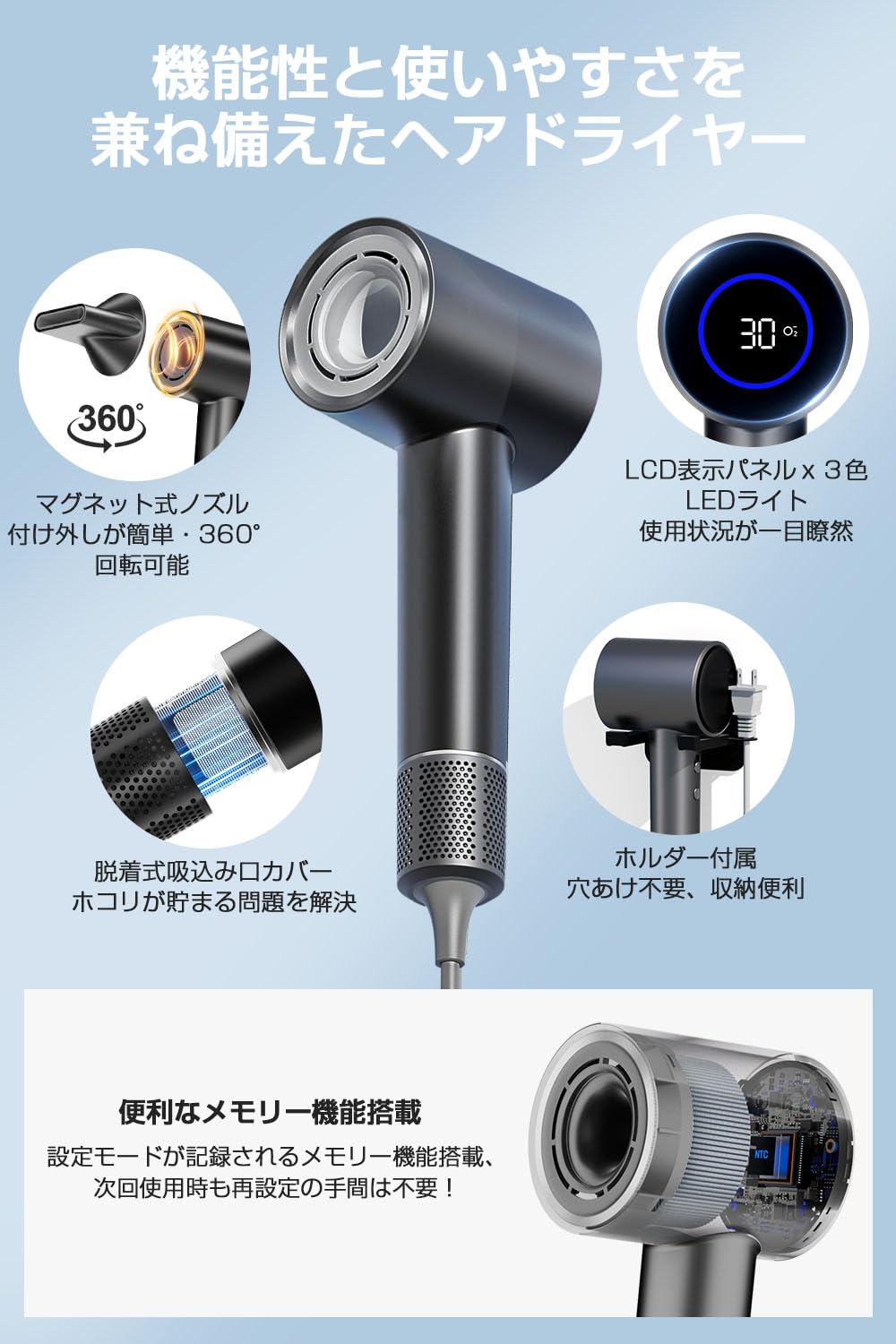 3億高濃度マイナスイオンドライヤー 超大風量速乾 8通りの風をカスタマイズ可 新設計・3億高濃度マイナスイオン ドライヤー 超大風量 速乾 ヘア