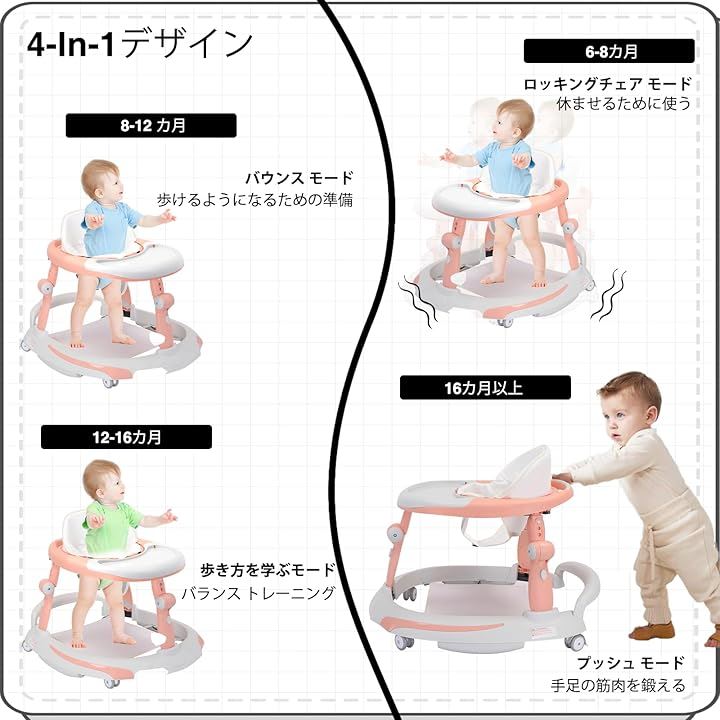 ベビーウォーカー 3in1 歩行器 赤ちゃん 4モード 折りたたみ 高さ調整可能 食事用プレート付き 横転防止 コンパクト 収納便利 手押し車 ベビー用品 6～18か月( ピンク)