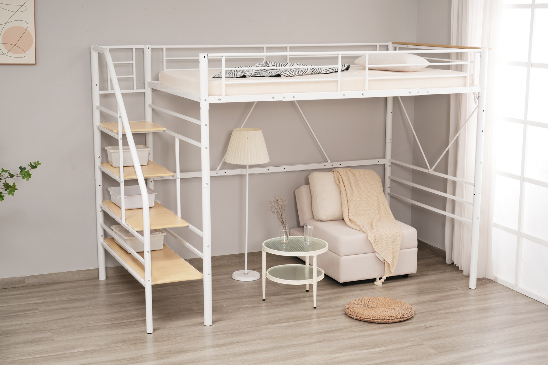【10cm厚さマットレス付き】ロフトベッド 階段付き S シングル パイプベッド 10cm厚さベージュマットレス付き】ロフトベッド 階段付き S パイプ