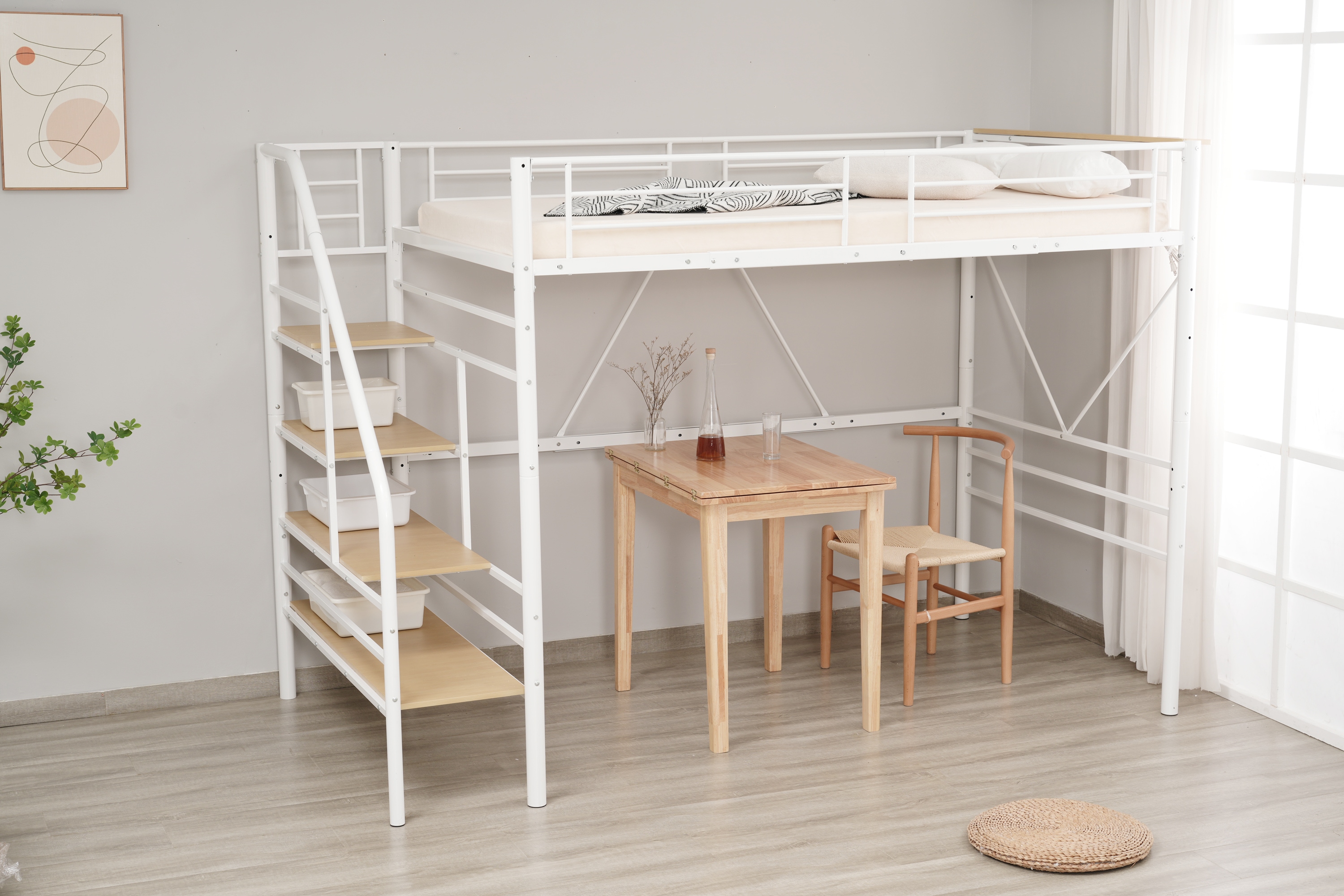【マットレス付き】ロフトベッド 階段付き パイプベッド シングル コンセント付き 10cm厚さベージュマットレス付き】ロフトベッド 階段付き S パイプ